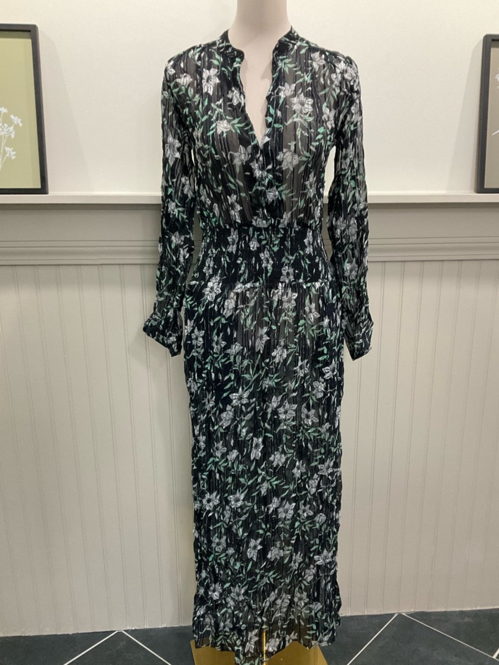 Rag & Bone NWT Sheer Floral Maxi Dress XS Black Green Long Sleeve Smocked Waist